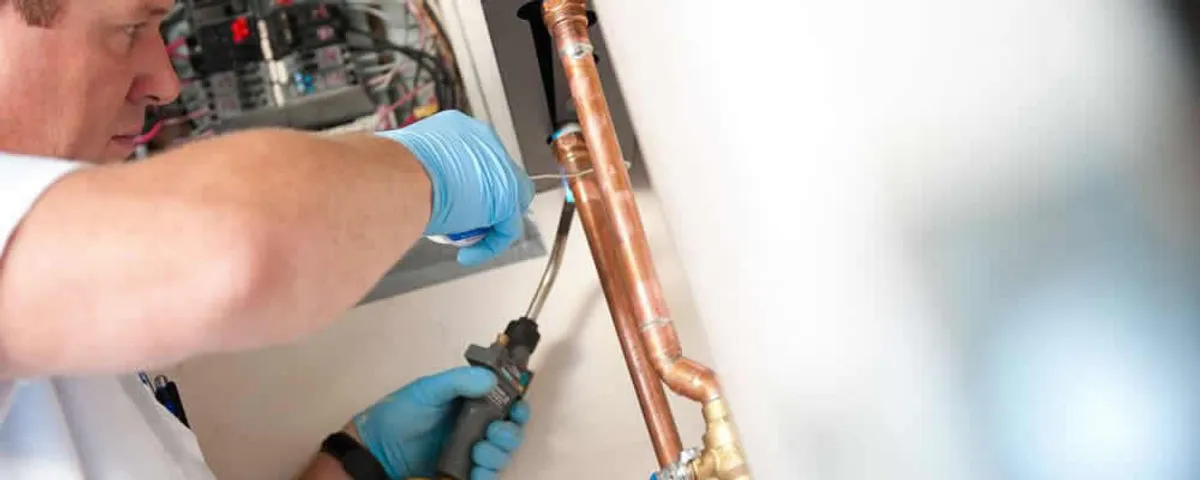 Water heater repair technician testing copper pipe connections and controls in Lafayette, LA